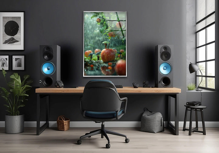 Glaswandkunst „Riesige Äpfel und kleine Völker“