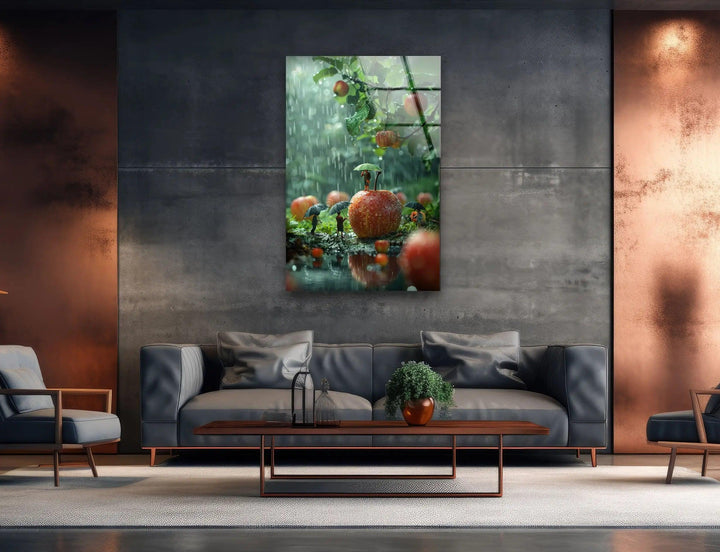 Glaswandkunst „Riesige Äpfel und kleine Völker“
