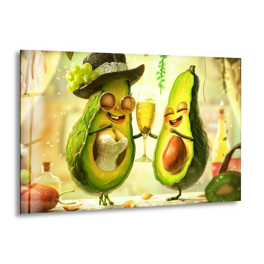 Vibrantly saturated fun avocados in a lively scene, depicted as a cool wall art print.