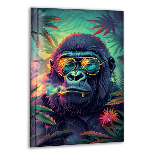 Cool monkey with sunglasses on, depicted in a jungle scene, on this wall art prints.