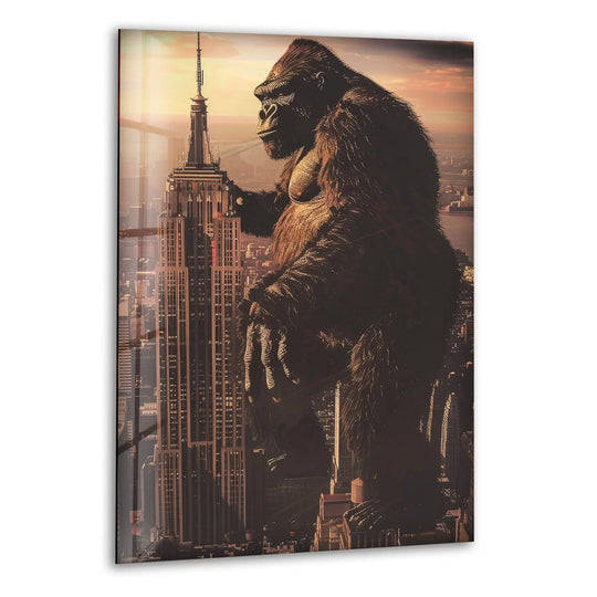 Empire State and Gorilla glass wall art captures the abstract quality of a colossal ape towering over the iconic skyscraper in warm, dramatic light.