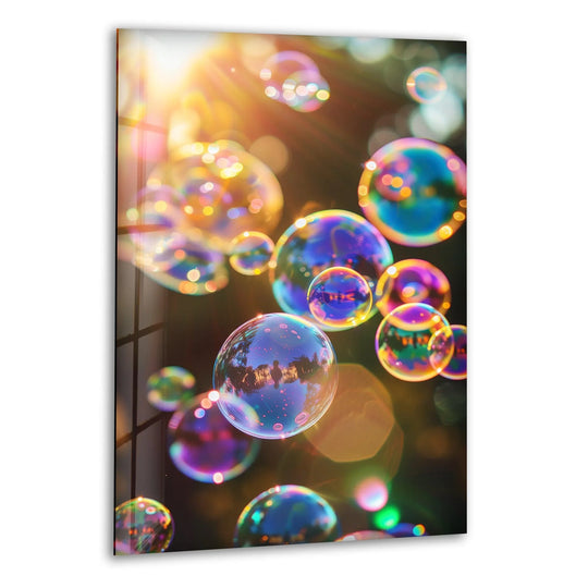 Bubbles glass wall art features a unique modern wall decor finish with iridescent, colorful bubbles catching the light.