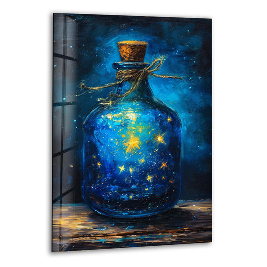 A galaxy bottle swirls with organic cosmic forms rendered as hanging wall art with a cork stopper.
