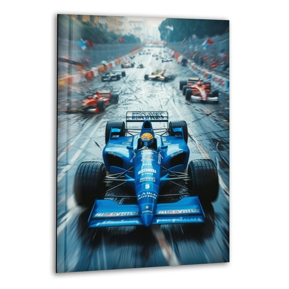 The azure Formula 1 race car is the loudest element in this cool sports scene, depicted as hanging wall art on glass.