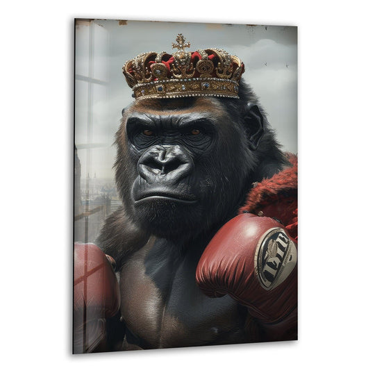 The brightest area of this boxer gorilla glass wall art features a golden crown and a regal expression, adding bold majestic decor to your home.