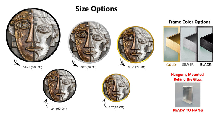 Dual Tone Abstract Face – Metallic Cubist Round Glass Wall Art - MyPhotoStation