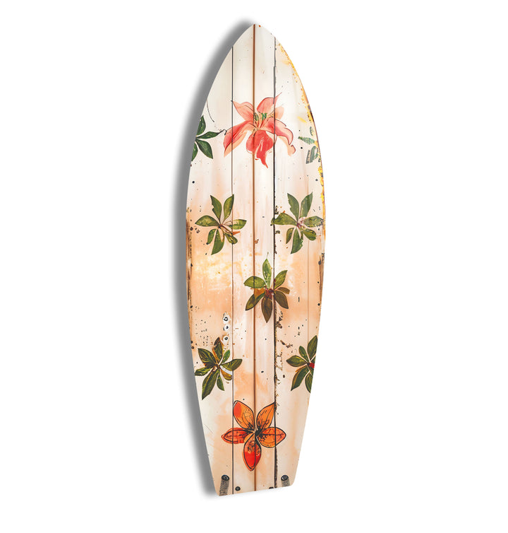 Surfbrett-Wandkunst mit grünen und roten Blumen