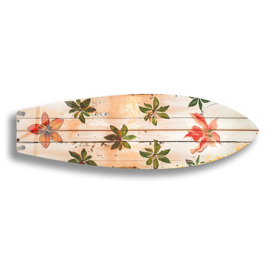 Creating a sense of movement, the surfboard home decoration art showcases gracefully drifting green and red floral prints.