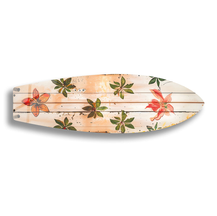 Surfbrett-Wandkunst mit grünen und roten Blumen
