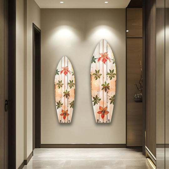 Beige dominates this scene featuring Green & Red Flowers Surfboard wall art, a piece of the best glass art for a coastal-inspired space.
