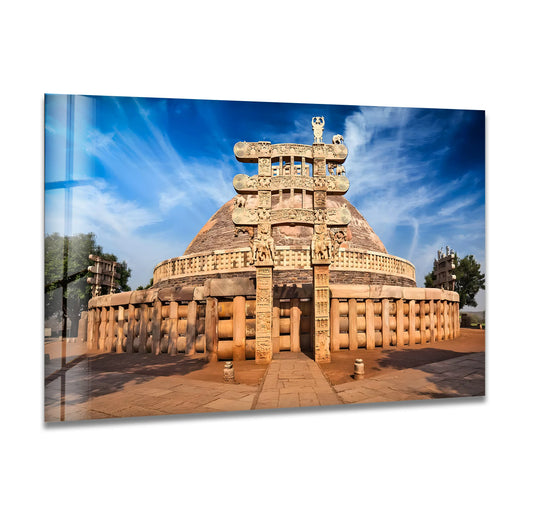 Circling clouds seem to pull the eye upward toward the timeless Sanchi Stupa, presented as a striking print wall art piece that captures an ancient, spiritual journey.