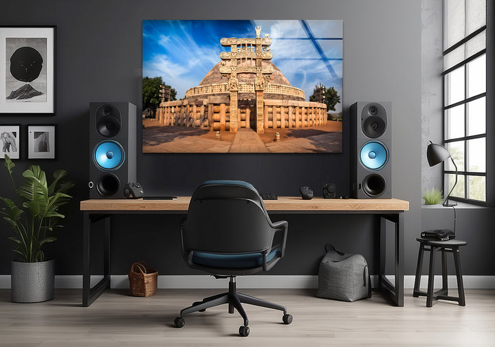 Sanchi Stupa Glaswandkunst – Ikonisches indisches Wahrzeichen bei Sonnenaufgang