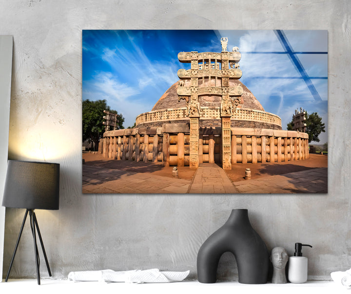 Sanchi Stupa Glaswandkunst – Ikonisches indisches Wahrzeichen bei Sonnenaufgang