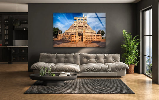 Highlighting the abstract quality, this Sanchi Stupa iconic Indian landmark at sunrise showcases ethereal forms using print wall art to evoke a serene yet powerful visual experience.