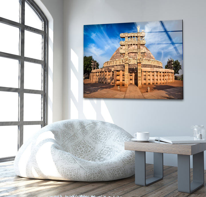 Sanchi Stupa Glaswandkunst – Ikonisches indisches Wahrzeichen bei Sonnenaufgang