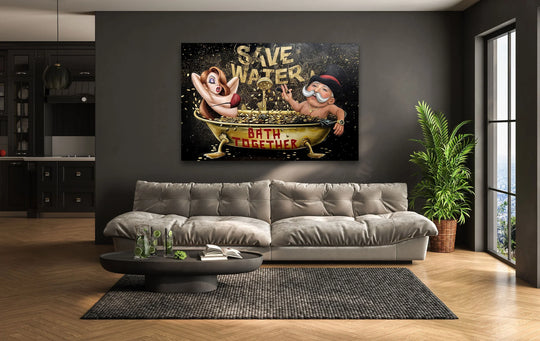 A highly saturated, vibrant art from glass piece depicting a playful scene of cartoon characters in a bathtub filled with gold coins.
