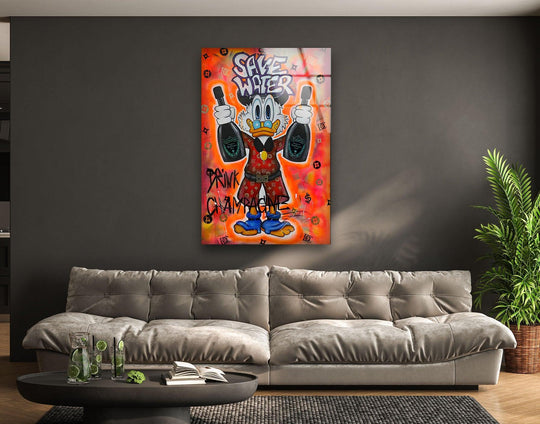 High-resolution hanging wall art showcases the vibrant and reflective tempered glass of this modern 'Save Water Drink Champagne' pop art piece.