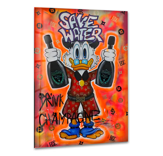 Highlighting the focal point, this pop art piece is a statement of style, showcasing the best glass art with a humorous 'Save Water Drink Champagne' theme.