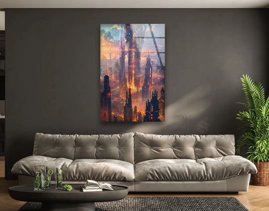 Reflective edges and sleek borders define this Sci-Fi Magic Skyline glass wall prints, enhancing the futuristic city decor with a modern touch.