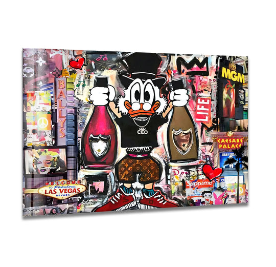 Bright color contrast defines this pop art glass wall art, a Vegas-themed home decor piece featuring a duck CEO among chaotic Las Vegas street signs.