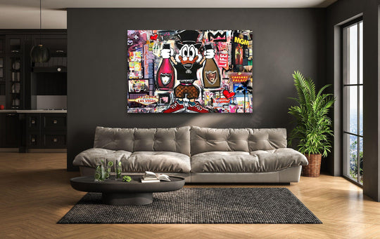 Highlighting the abstract quality, the Vegas CEO Vibes luxury pop art glass wall art explodes with a collage of symbols for unique home decoration.