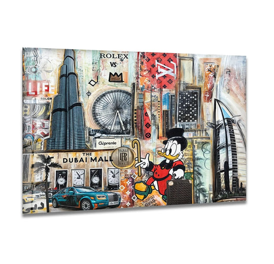 Depicting organic forms and city landmarks, this Scrooge In New York City art from glass wall art features swirling textures with palm trees for a vibrant and modern decor.
