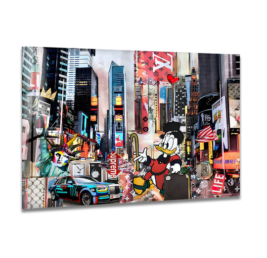 Awaiting the next adventure, the stillness of this luxury city hustle pop art glass wall art evokes a sense of calm amid the vibrant cityscape, perfect as a glass art painting.