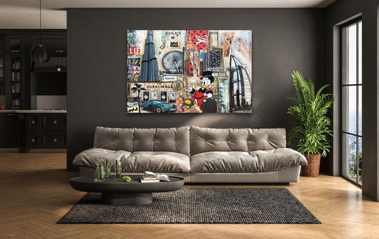 Horizontal rectangular scrooge in new york city home decor glass wall art is prominently featured above a couch in a modern living space.
