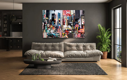 Contrasting with rigid architecture, organic forms soften the luxury city hustle pop art decorative wall art, creating visual balance within the cityscape design.