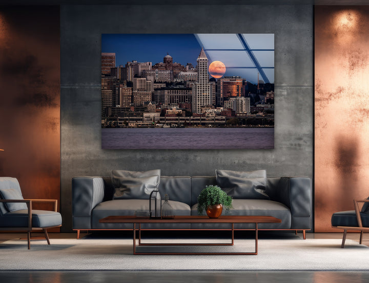 Seattle Skyline Glaswandkunst – Majestätisches Stadtbild mit aufgehendem Mond