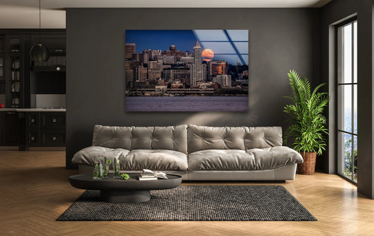 The textured surface of the Seattle Skyline glass printing wall art creates a sleek, modern finish, highlighting the vibrant cityscape and majestic rising moon.