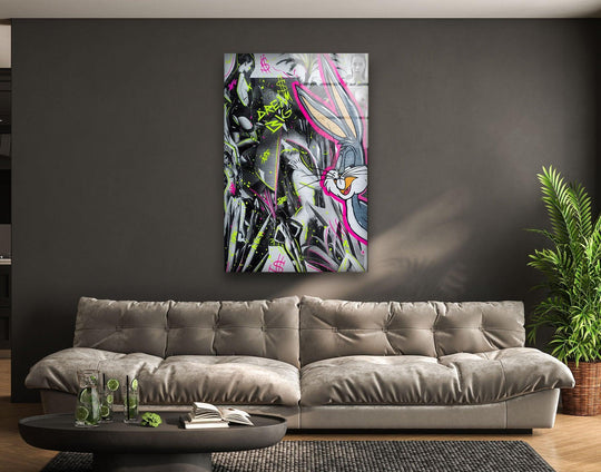 Illuminated by a radiant glow, the focus is drawn to the captivating Dream Big neon urban pop art glass wall art prints, showcasing vibrant graffiti elements.