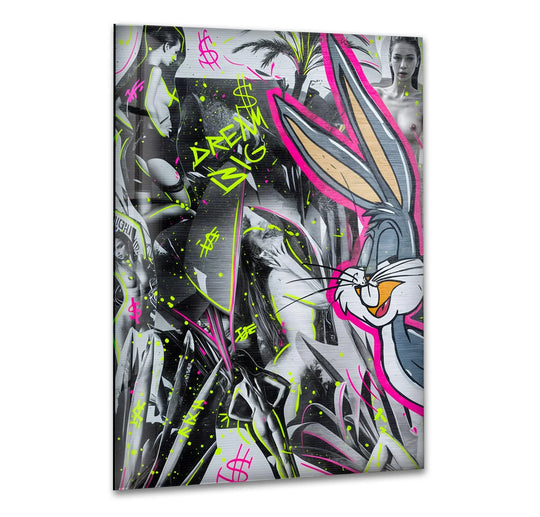 Vibrant Bugs Bunny takes center stage amidst a neon-accented urban collage in this 'Dream Big' decorative wall art, a striking piece of pop art on glass.