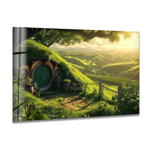 Loudest is the sun shining over the idyllic landscape of this green hillside cottage glass wall art, a unique modern wall decor piece.
