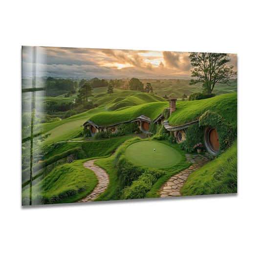 Repeating green hills and hobbit cottages create a mesmerizing visual rhythm in this landscape scene, making it the best glass art for creating an immersive escape.