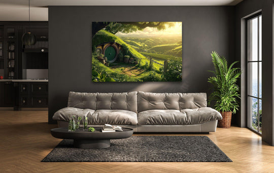 Bright color saturation enhances the idyllic landscape in this green hillside cottage sunset glass art, a vibrant hanging wall art piece.