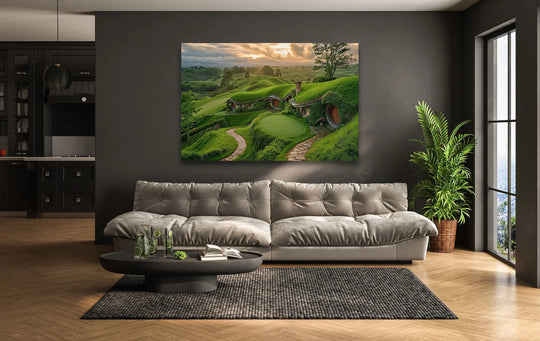 Warm color temperature highlights the cheerful Green Hills Cottage Landscape glass wall art, a vibrant home decoration.