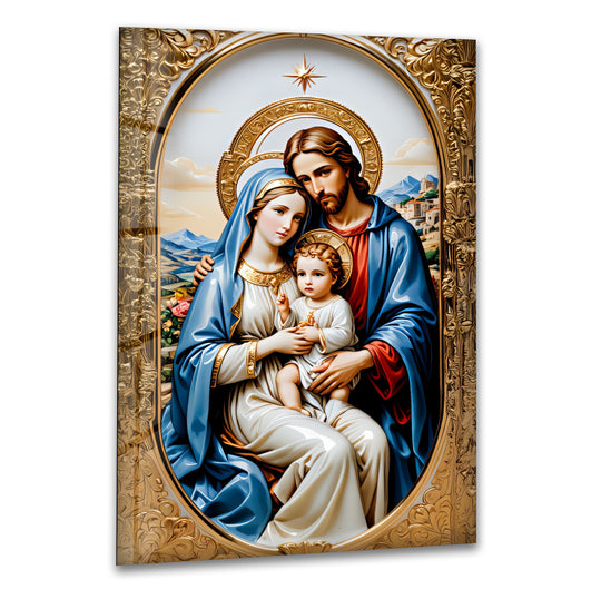 Religion Christian Glass Wall Art of the Holy Family in Gold with a star and golden halo and Christian theme