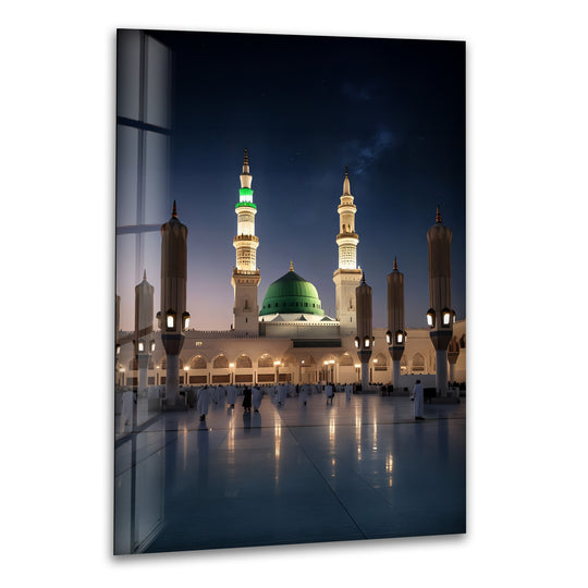 Religion glass wall art Prophet’s Mosque Medina Night view and Islamic Spiritual Décor with peaceful beauty radiating faith and devotion