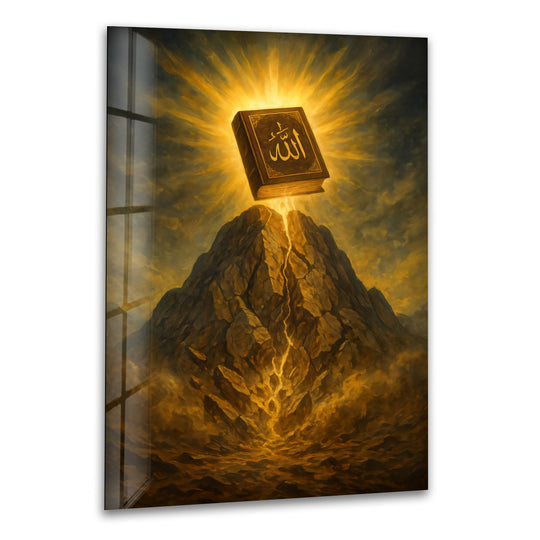 Religion glass wall art showing the Holy Quran on a mountain with light and Islamic spiritual decor from the Divine Revelation theme