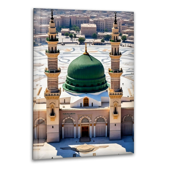 Religion glass wall art of the Prophets Mosque Medina with a green dome reflecting spiritual devotion plus Islamic decor art