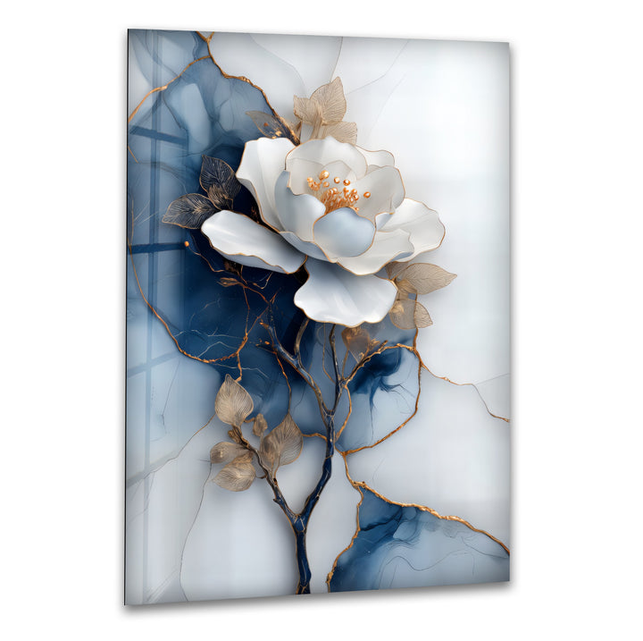 Golden Midnight Bloom – White Flower on Navy Marble Glass Wall Art