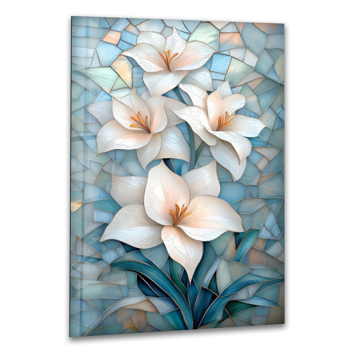 Ivory Radiance – White Lily Mosaic Glass Wall Art