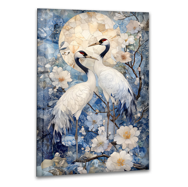 Moonlit Cranes – Elegant Nature Scene Glass Wall Art