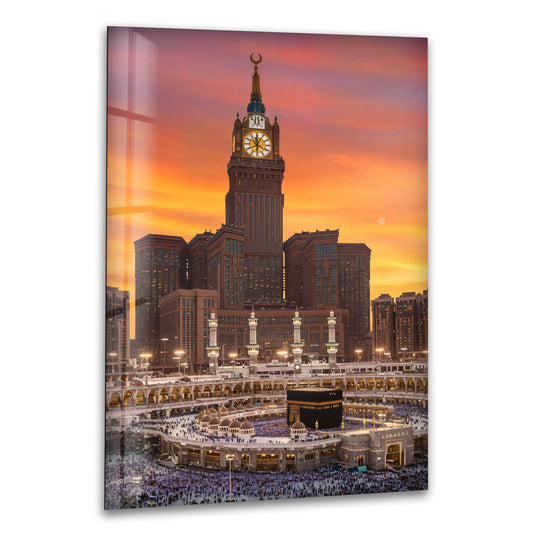 Religion glass wall art golden and black Kaaba and Makkah Clock Tower with Islamic decor and unity symbolism