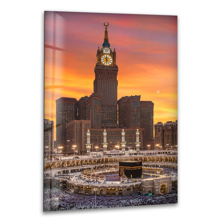 Kaaba and Makkah Clock Tower glass wall art at sunset