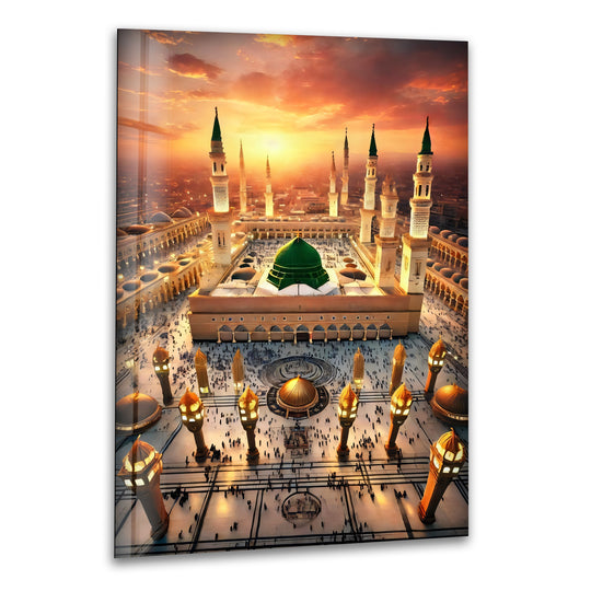 Religion Al-Masjid an-Nabawi Sunset Glass Wall Art shows a gold sunset and Medina Islamic décor and brings a spiritual warmth and peace to the home