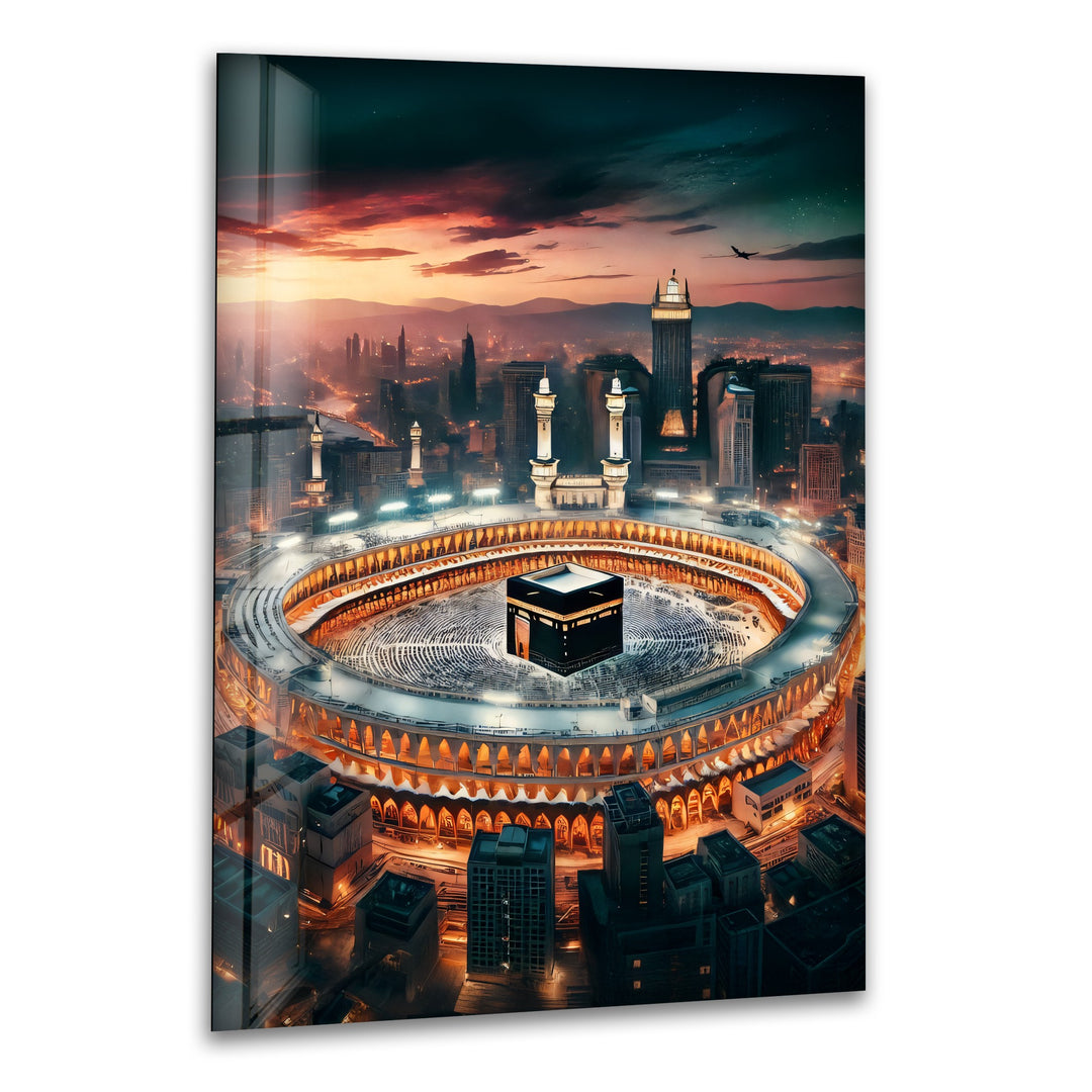 Kaaba skyline glass wall art Mecca sunset view