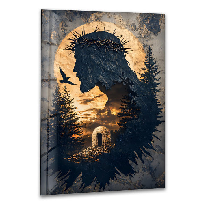 He Is Risen – Silhouette of Christ with Resurrection Tomb Glass Wall Art