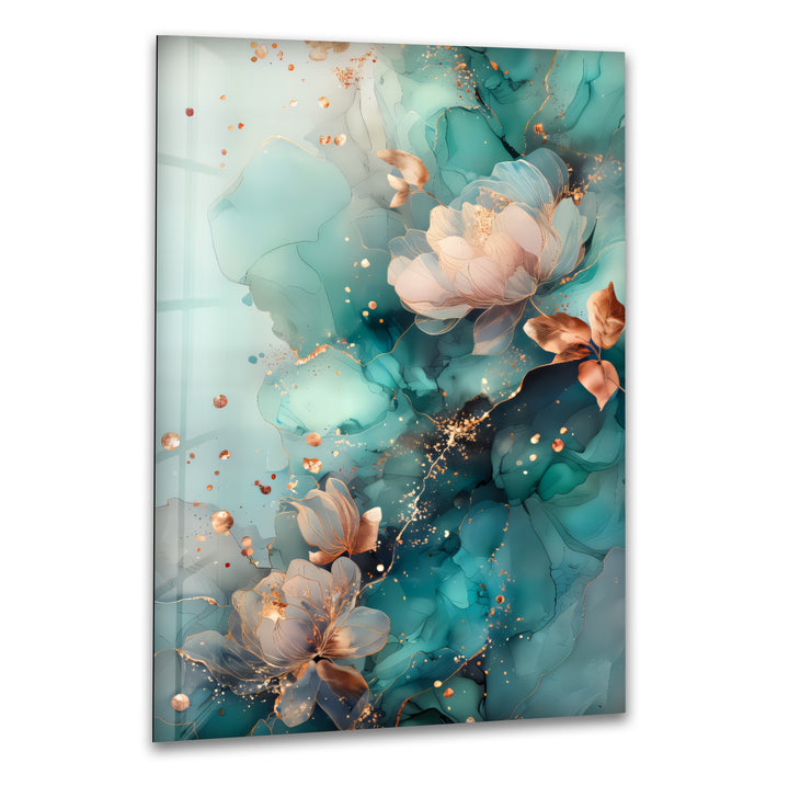 Golden Petals in Aqua Mist – Abstract Floral Glass Wall Art